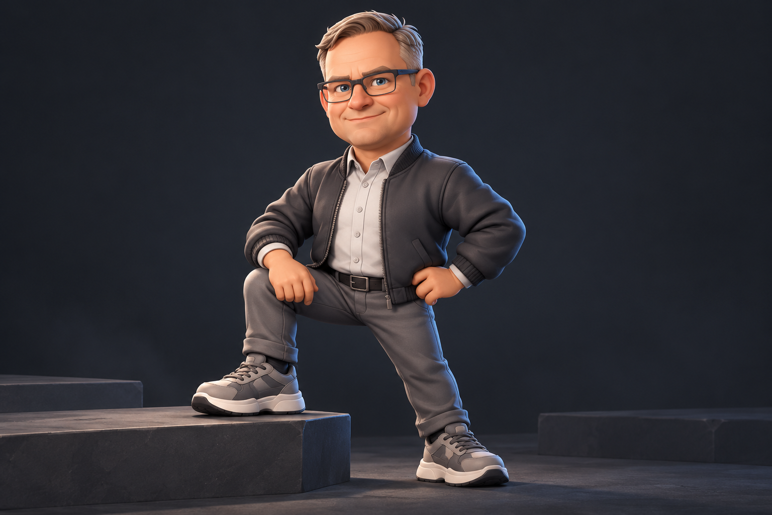 Stylizowany bohater gry 3D inspirowany Tomkiem: krótkie siwiejące włosy, prostokątne okulary i grafitowy strój, na minimalistycznej platformie.